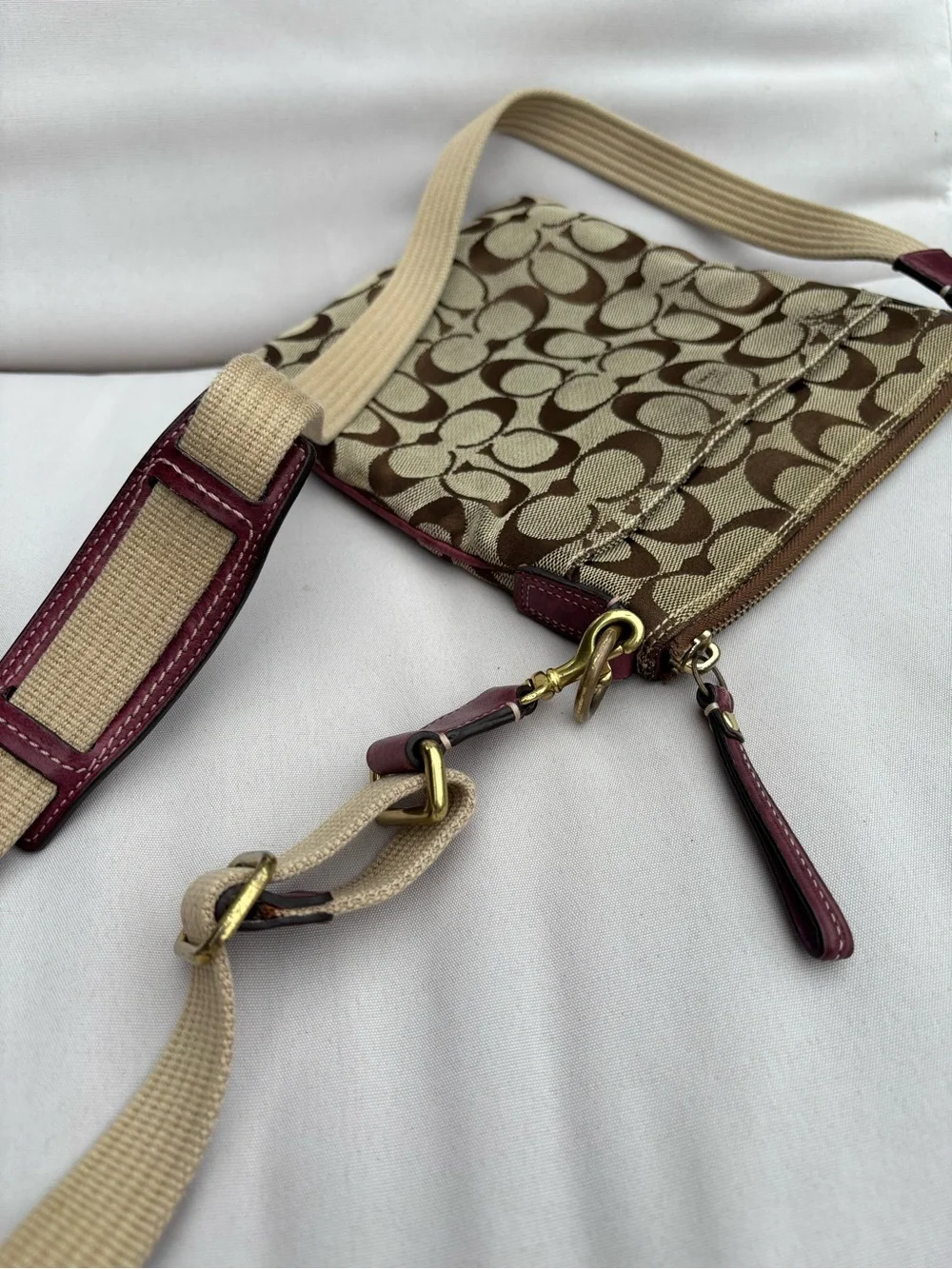 Coach Small Crossbody with Brown Signature Canvas and Pink Trim